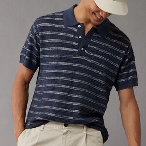American Eagle Blue/White Weekend Striped Sweater Polo Shirt